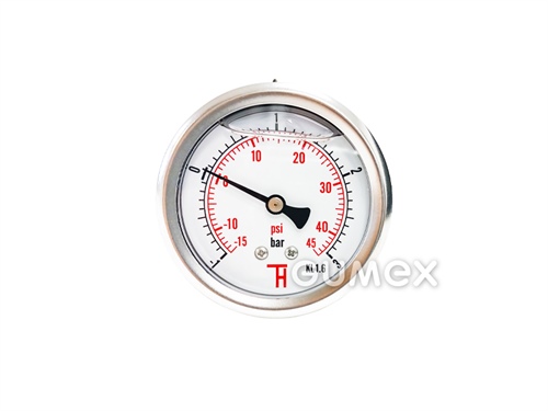 Manometer glycerínový so zadným vývodom, priemer 63mm, vonkajší závit G 1/4", -1-3bar (vákuometer), trieda presnosti 1,6%, priezor akryl, púzdro nerezová oceľ, -40°C/+60°C